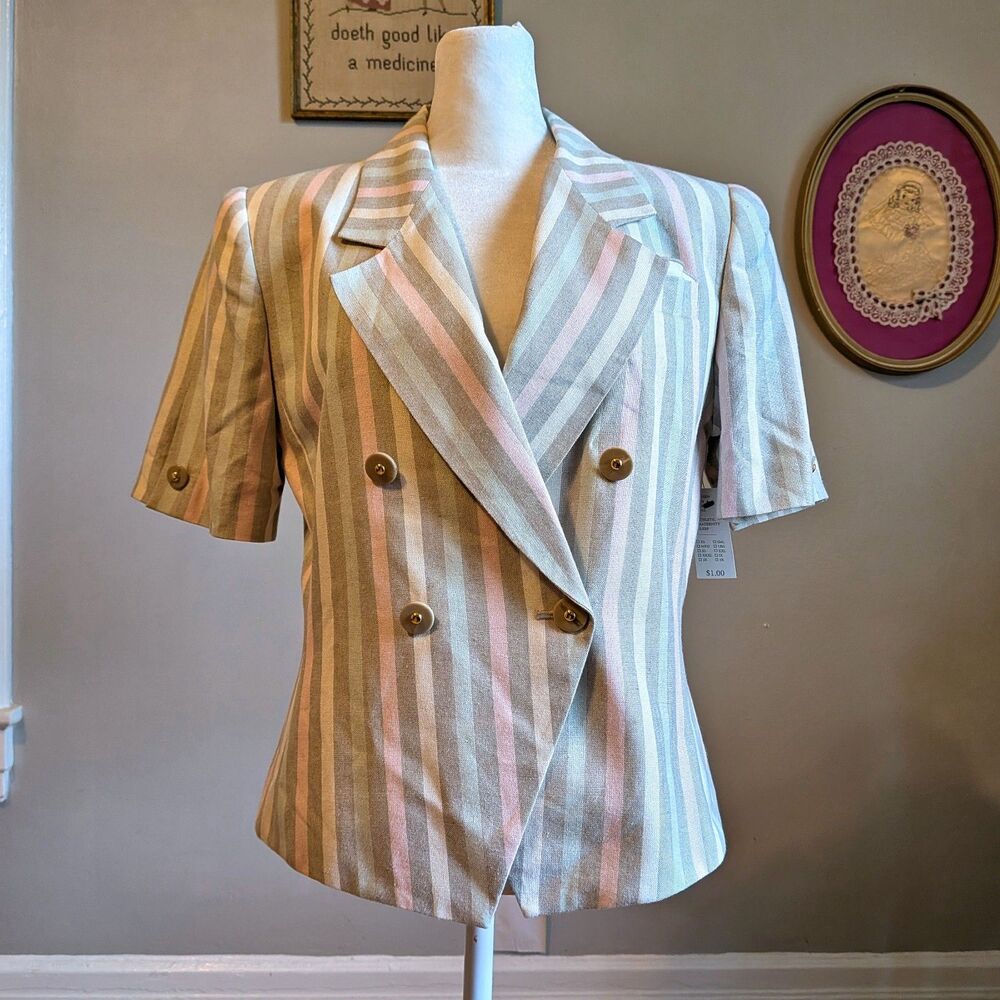 Vintage 90s Kasper Striped Blazer Pastel Linen Double Breasted Light Academia 6P - Picture 3 of 13